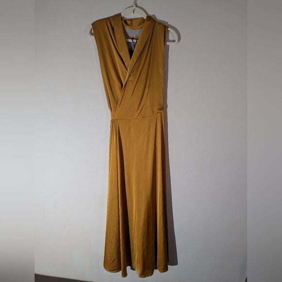 Tavrovska Mustard Yellow Gold Satin Genuine Wrap Maxi Dress Gown NWT - Picture 2 of 8